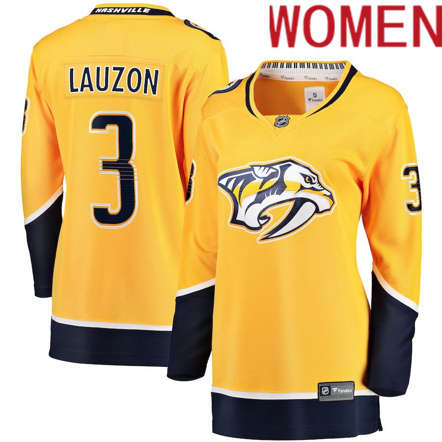 Women Nashville Predators #3 Jeremy Lauzon Fanatics Branded Gold Home Breakaway Player NHL Jersey